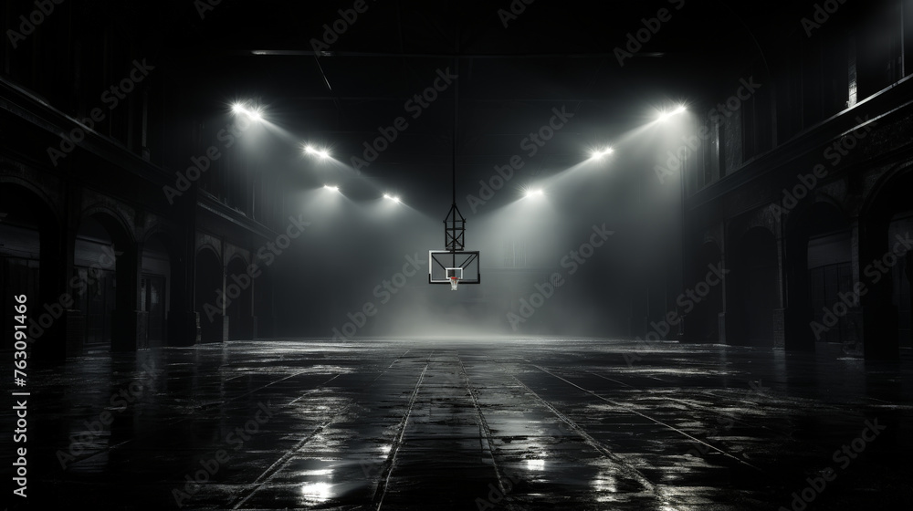 Grand basketball arena in the dark.	