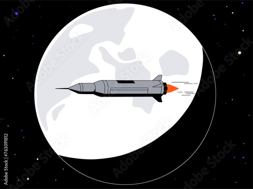 Spaceship flies on the background of the moon. Spacecraft launched in outer space. Rocket in universe travel. Shuttle flying black cosmos, discovers galaxies, explores stars. Flat vector illustration