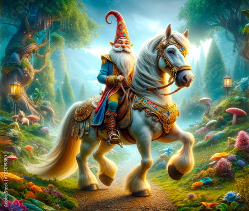 gnome and horse  riding in a fantasy world