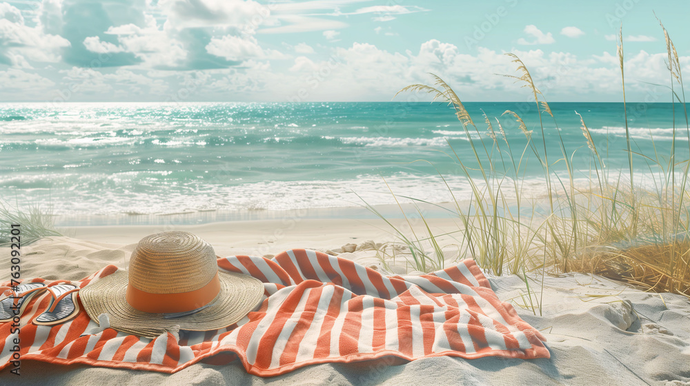 A beach towel with a hat in the foreground of a beautiful summer view with sand, sea and sky. Summer and vacation concept, for banner, web or advertisement.