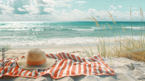 A beach towel with a hat in the foreground of a beautiful summer view with sand, sea and sky. Summer and vacation concept, for banner, web or advertisement.