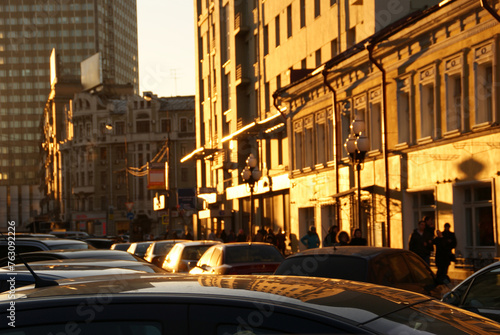 View of a busy street at sunset