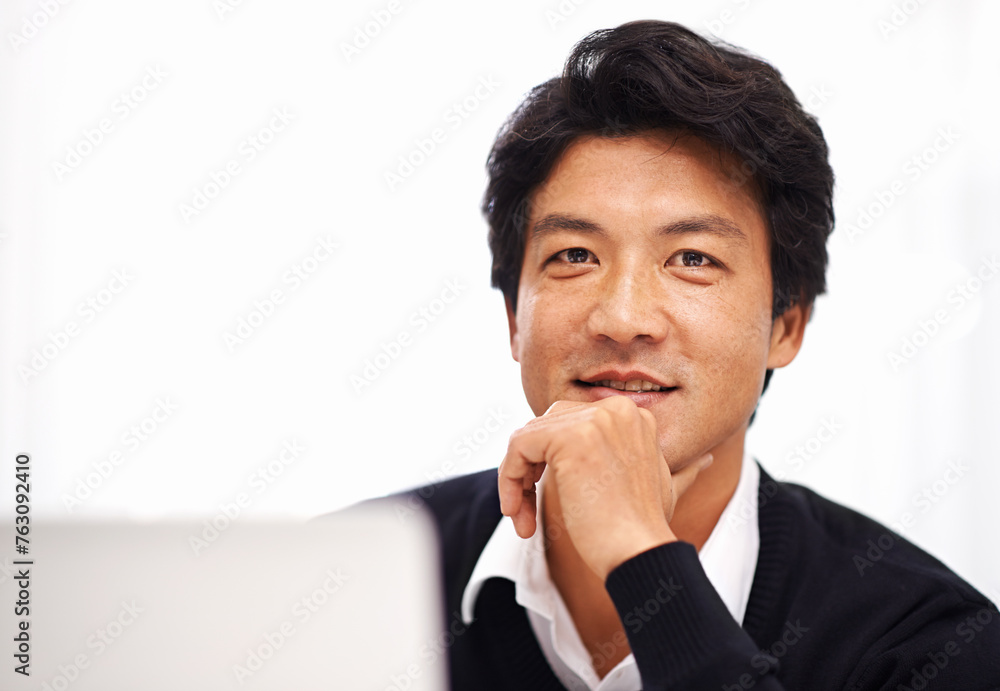Portrait, laptop and asian business man in workplace for management, professional or entrepreneur. Corporate, information and Japanese employee with computer for schedule, internet and typing email Portrait, laptop and asian business man in workplace for management, professional or entrepreneur. Corporate, information and Japanese employee with computer for schedule, internet and typing email