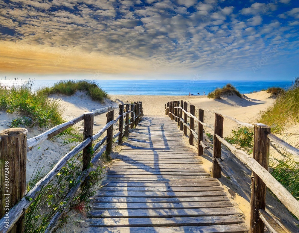 walkway to sea beach wooden path access in sand dune water ocean coast