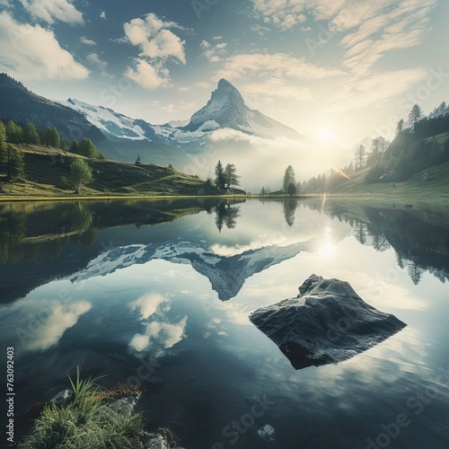 Serene lake with majestic mountain reflection at sunrise.