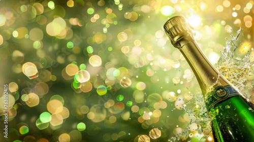 Champagne bursts forth from a bottle amidst a sparkling bokeh backdrop.