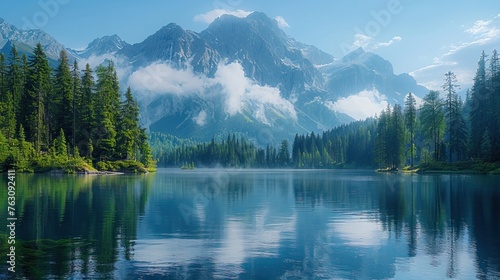 Serene mountain lake with reflection and mist, surrounded by forest. a beautiful lake with moutain.