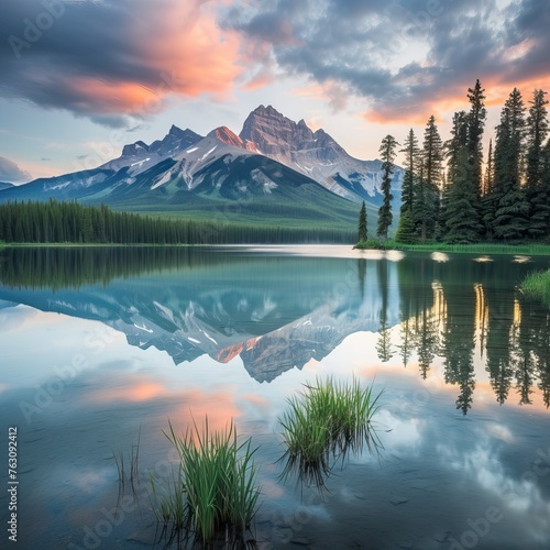 Serene mountain lake at sunset with vibrant sky reflection and tranquil waters, surrounded by evergreens.