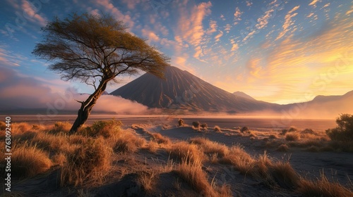 Serenity at sunrise with a lone tree and majestic mountain backdrop, featuring warm light and a tranquil landscape.