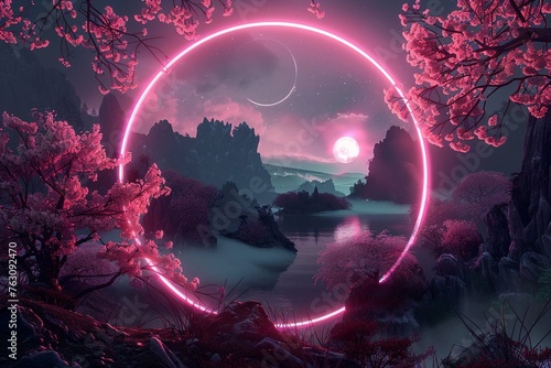 Fantasy landscape, pink neon circle, sacra branches. photo