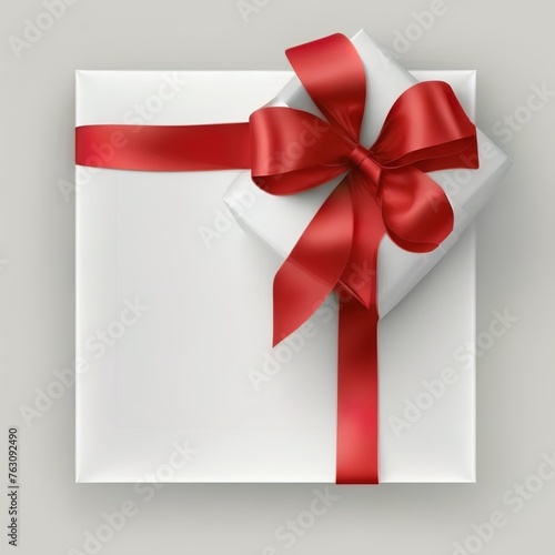Top view of day presents wrapped in white paper with red ribbon and bow decoration isolated against a transparent background gift out of love surprise Generative AI  © Gerg