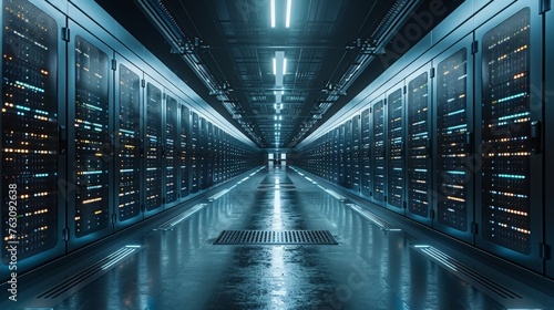Dark server room data center storage with blue lights.
