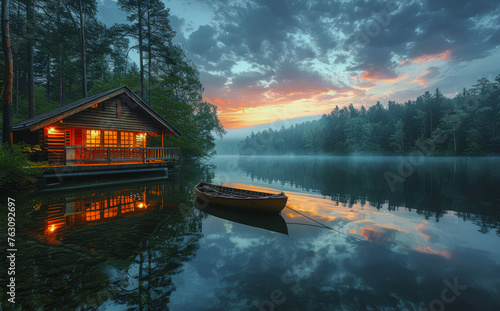 Boathouse on the lake at sunset