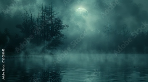 Full moon over the spruce trees of magic mystery night forest. © hugo