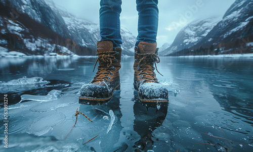 Hiker standing on frozen lake in winter boots