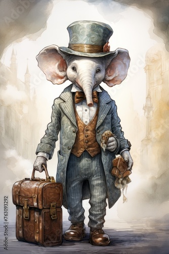 A painting depicting a whimsical scene of an elephant dressed in a top hat and holding a suitcase. The elephant appears sophisticated with its attire, exuding a sense of elegance and charm