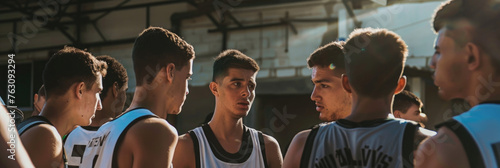 A basketball team in a close huddle strategizes before a game as the sun sets photo
