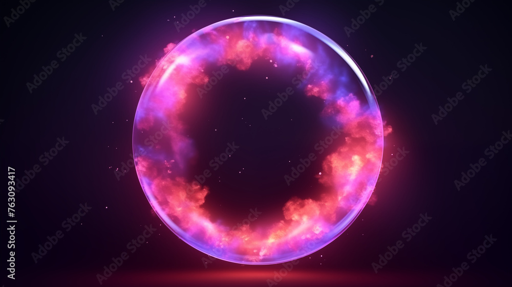 Glowing neon ring circle on a dark background with clouds or smoke. Decorative horizontal banner. Digital artwork raster bitmap illustration. Purple, pink and blue colors. Glowing neon ring circle on a dark background with clouds or smoke. Decorative horizontal banner. Digital artwork raster bitmap illustration. Purple, pink and blue colors.