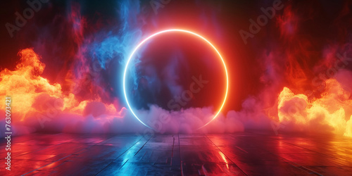 Glowing neon ring circle on a dark background with clouds or smoke. Decorative horizontal banner. Digital artwork raster bitmap illustration. Bright colors. 