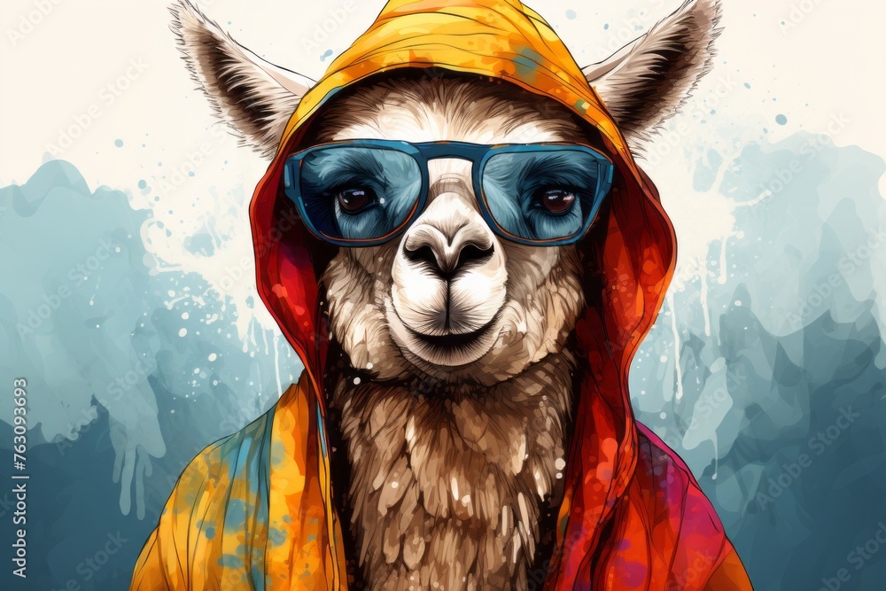 Fototapeta premium A llama standing confidently while wearing sunglasses and a vibrant yellow jacket, exuding a trendy and fashionable vibe