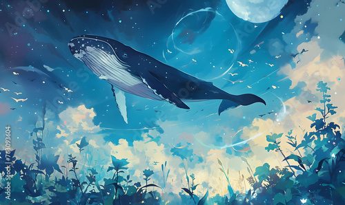 Whale floating on night sky watercolor art , Generative AI  © simba kim