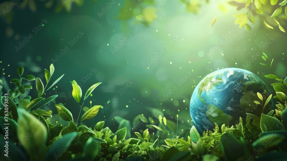 Green Globe In Forest With Moss And Defocused Abstract Sunlight. Green Globe In Forest With Moss And Defocused Abstract Sunlight.