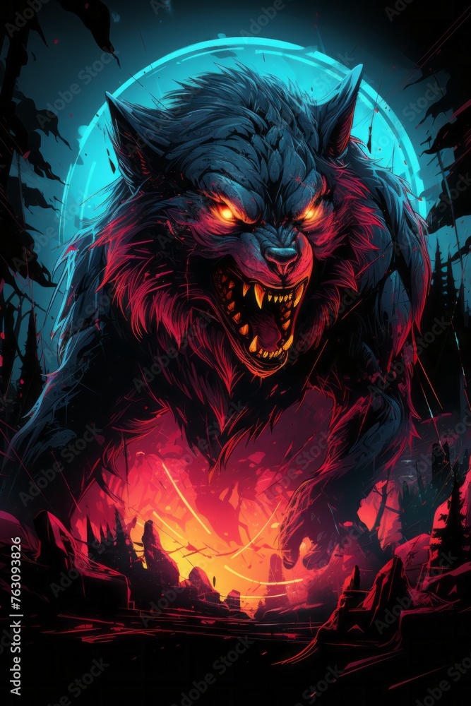A powerful wolf with glowing eyes and sharp fangs standing boldly in front of a full moon, exuding a sense of strength and ferocity A powerful wolf with glowing eyes and sharp fangs standing boldly in front of a full moon, exuding a sense of strength and ferocity