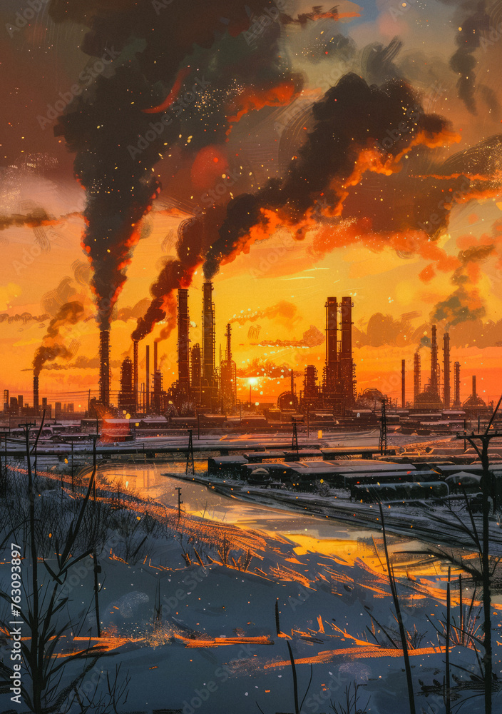 Surreal winter landscape with smoking petrochemical plant.