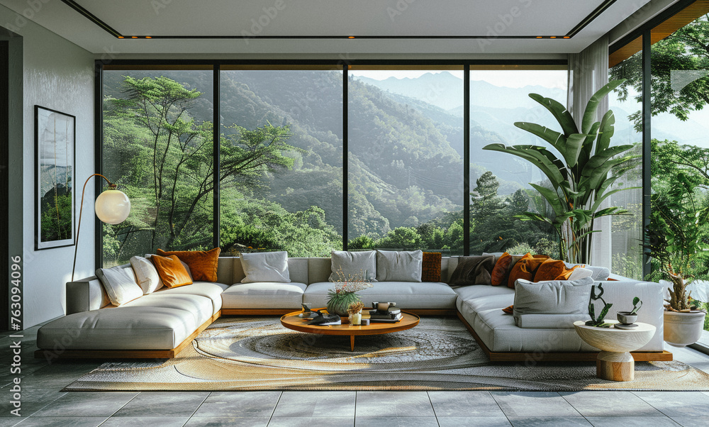 Modern living room with large windows and view of the mountains