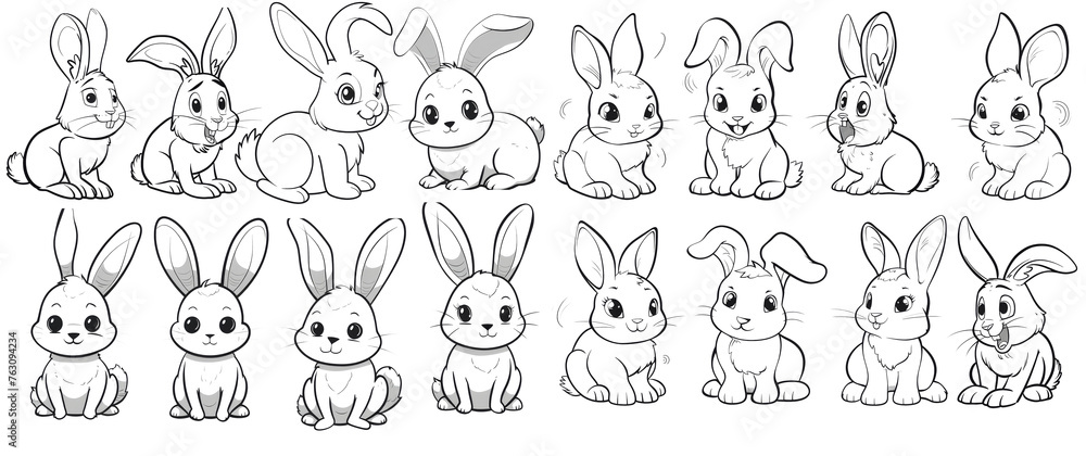 set of cute cartoon rabbits in black and white vector line art style