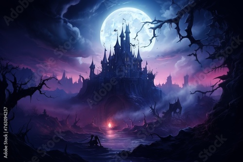 A castle stands tall in the foreground with a full moon glowing brightly in the background, casting a hauntingly beautiful scene under a dark sky