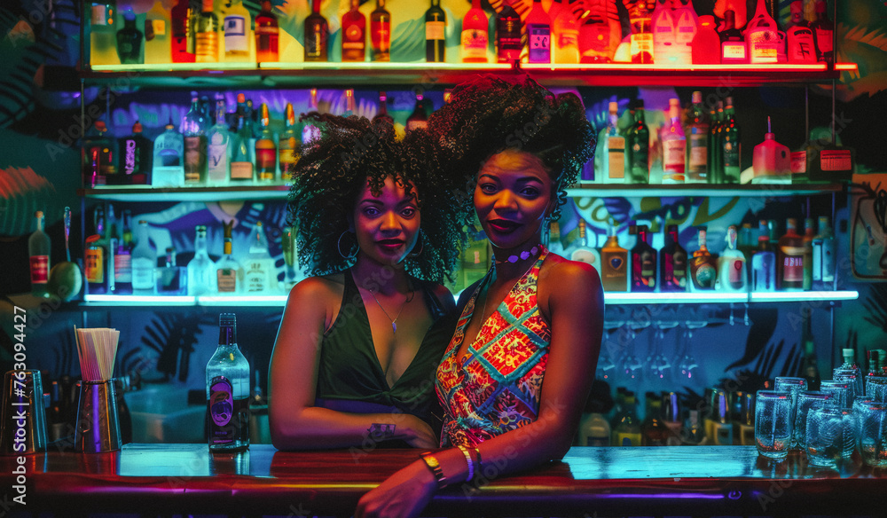 Two beautiful african american women standing at the counter and smiling while looking at camera in bar
