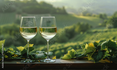 Two glasses of white wine on the terrace of vineyard in Lavaux region Switzerland photo