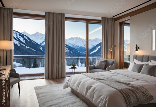 Panoramic view from a stylish modern bedroom to winter snowy mountains at sunrise © Random_Mentalist