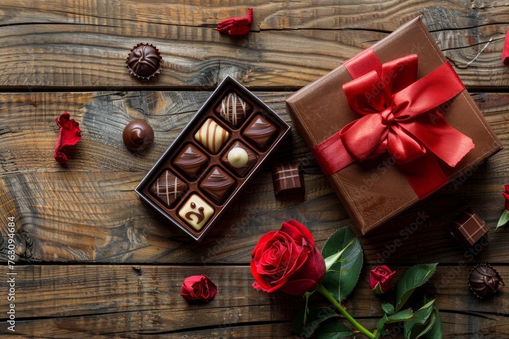 Romantic gift with assorted box of chocolates with red bow and rose on wooden table. Top view. Romantic gift with assorted box of chocolates with red bow and rose on wooden table. Top view.