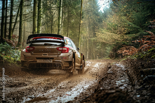 Racing car on a dirt road in the autumn forest. Extreme sport.
