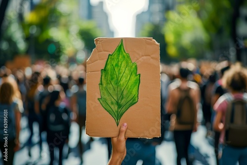 Hand Holding Cardboard Sign with Leaf Drawing at Environmental Protest