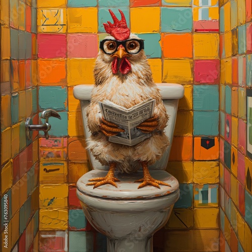 Funny caricature artwork of chicken wearing glasses sitting in the bathroom reading newspaper