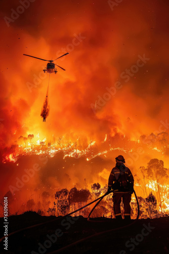 A helicopter swiftly flies over a forest ablaze with fire, potentially aiding in firefighting efforts or surveying the spreading flames