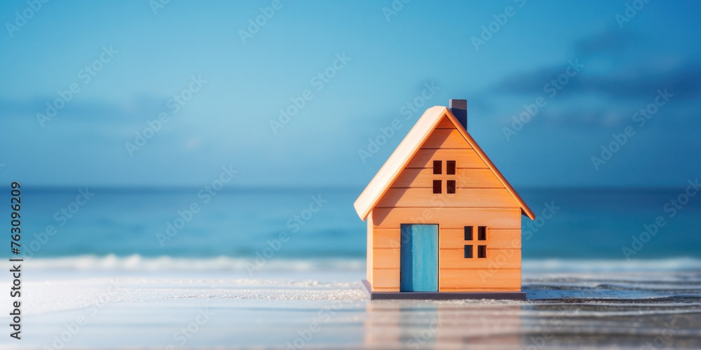 Mini wooden house model at sunset on beach with blue sky on background, beach home dreams. Compact living and tiny house movement. Holiday property rental and simplistic living. Banner with copy space Mini wooden house model at sunset on beach with blue sky on background, beach home dreams. Compact living and tiny house movement. Holiday property rental and simplistic living. Banner with copy space