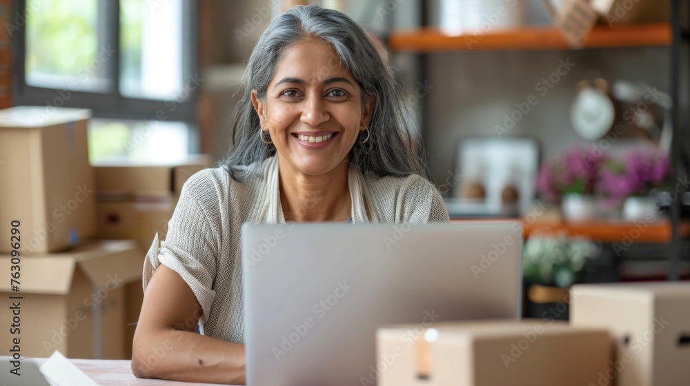 Small business owner is working on a laptop in the warehouse Small business owner is working on a laptop in the warehouse