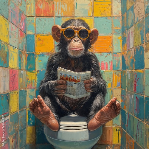 Curious chimp on the loo - whimsical tiled cubicle portrait with sunglasses and a newspaper