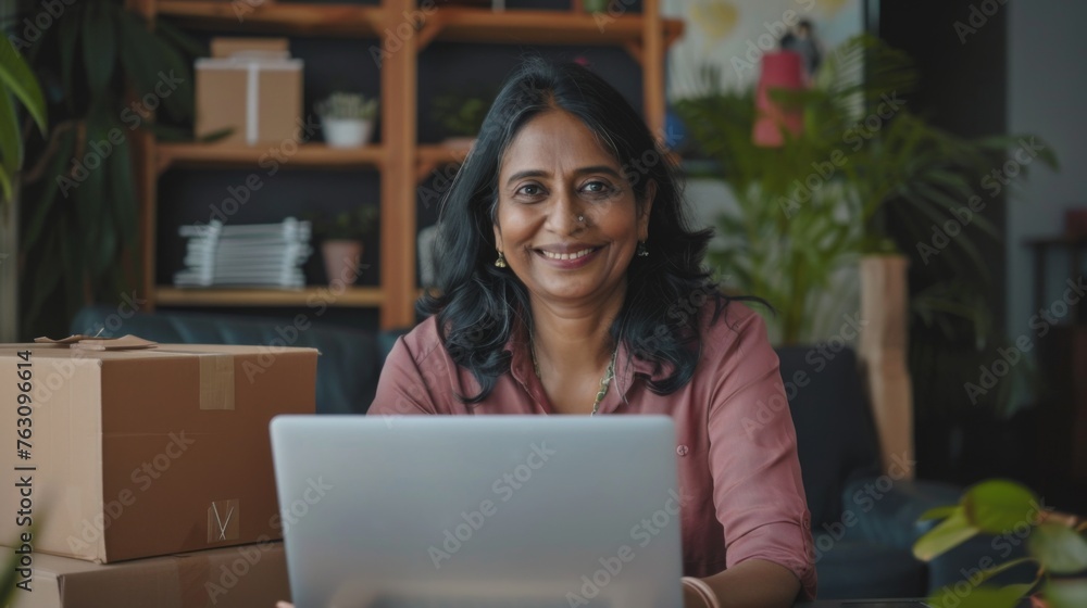 Small business owner is working on a laptop in the warehouse Small business owner is working on a laptop in the warehouse