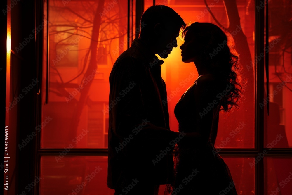 Silhouette Romantic couple lovers hug and kiss at colorful sunset on background.