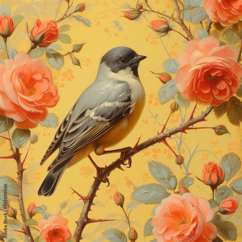 Colorful birds on tree branches painting