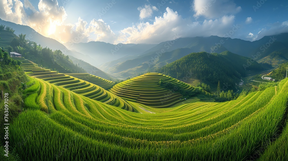 a sprawling rice field background