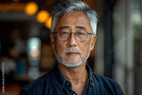 Asian man with a beard and glasses is standing in front of a wall. He is wearing a blue shirt. a 50 years old Singaporean man, grey hair but still some black hair, wearing glasses, middle income