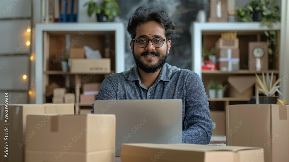 Small business owner is working on a laptop in the warehouse Small business owner is working on a laptop in the warehouse