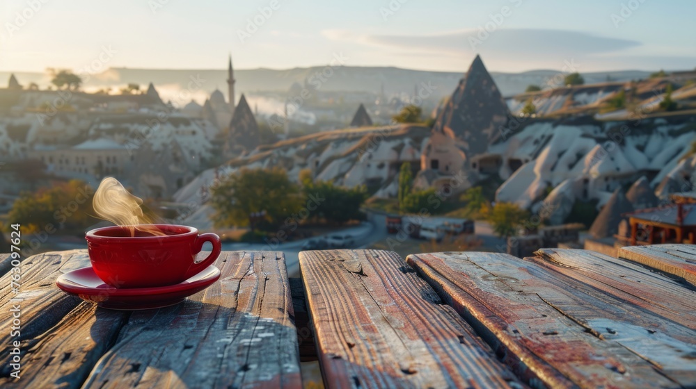 Fototapeta premium Göreme National Park Set amid the enchanting landscape of Cappadocia, Turkey, it is full of ancient architectural wonders. Stone-carved house and red coffee cup on a quiet morning.