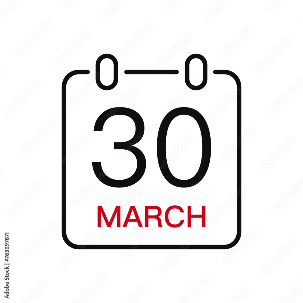March 30 date on the calendar, vector line stroke icon for user interface. Calendar with date, vector illustration. March 30 date on the calendar, vector line stroke icon for user interface. Calendar with date, vector illustration.